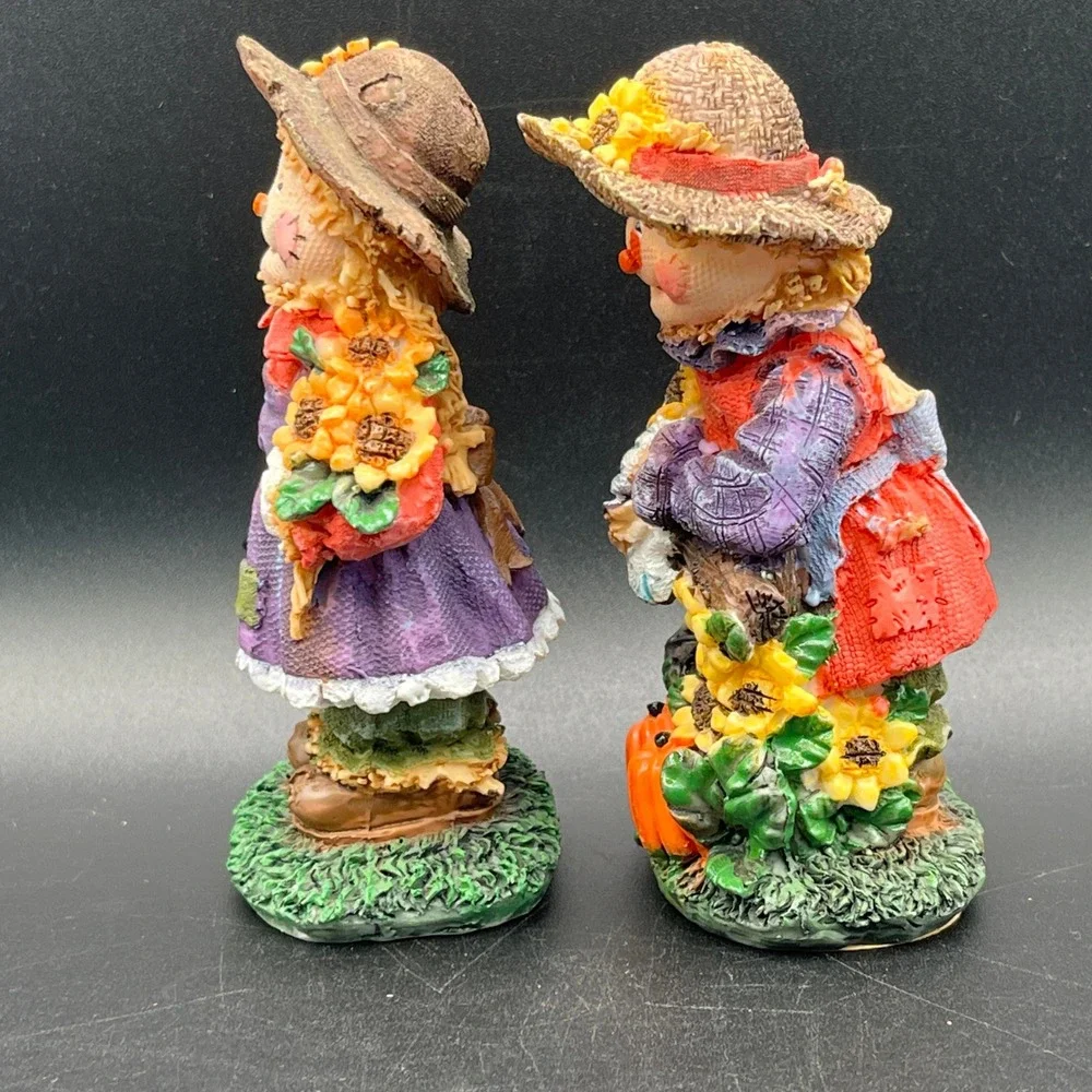 Set of 2 Fall Scarecrow Figurines Resin Harvest Decor Sunflowers Pumpkins 5